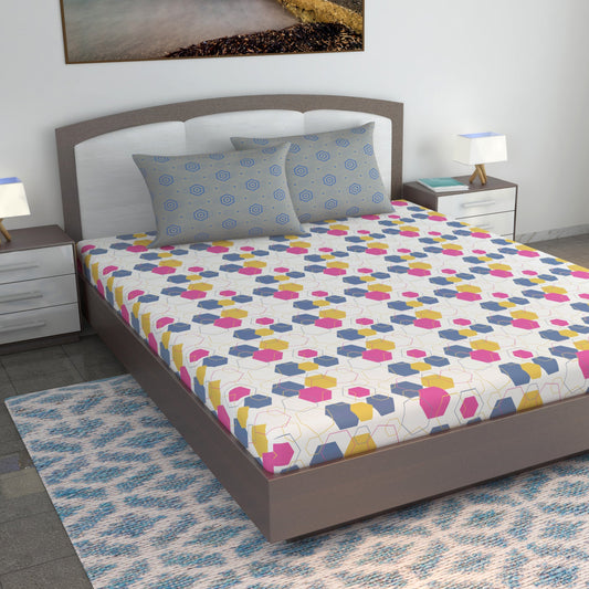 Yellow & Grey Geometric 144 TC Polycotton King Bedsheet With 2 Pillowcovers