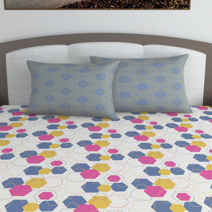 Yellow & Grey Geometric 144 TC Polycotton King Bedsheet With 2 Pillowcovers