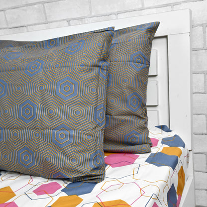 Yellow & Grey Geometric 144 TC Polycotton Double Bedsheet With 2 Pillowcovers