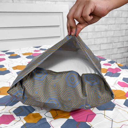 Yellow & Grey Geometric 144 TC Polycotton Double Bedsheet With 2 Pillowcovers