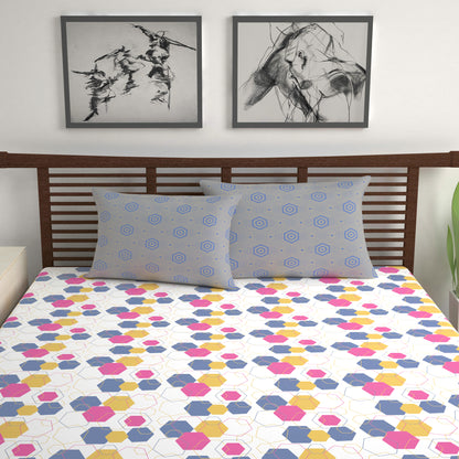 Yellow & Grey Geometric 144 TC Polycotton Double Bedsheet With 2 Pillowcovers