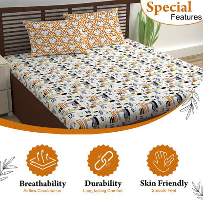 Yellow & White Abstract 144 TC Polycotton Double Bedsheet With 2 Pillowcovers