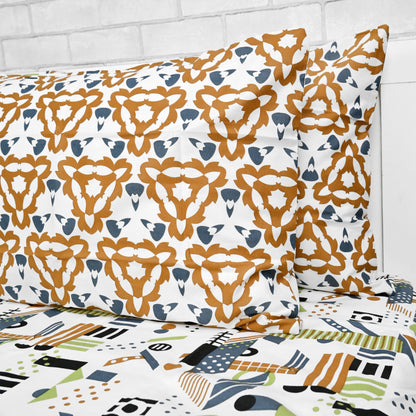 Yellow & White Abstract 144 TC Polycotton Double Bedsheet With 2 Pillowcovers