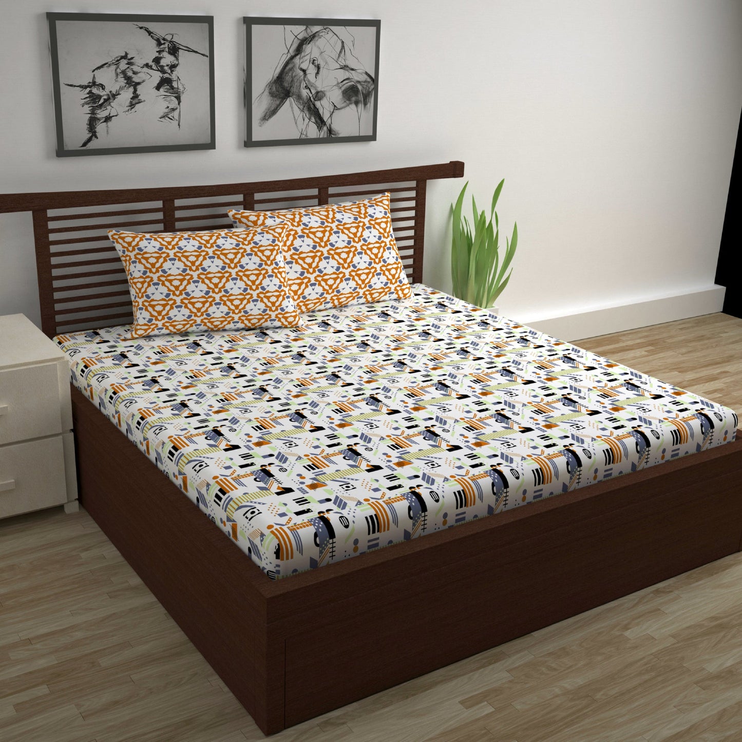 Yellow & White Abstract 144 TC Polycotton Double Bedsheet With 2 Pillowcovers
