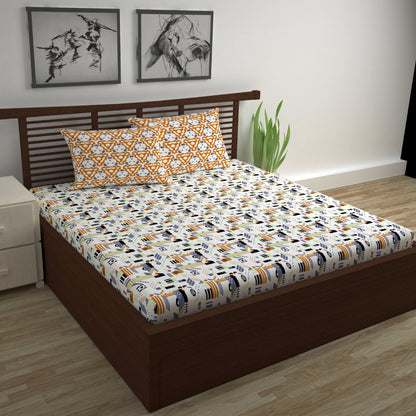 Yellow & White Abstract 144 TC Polycotton Double Bedsheet With 2 Pillowcovers