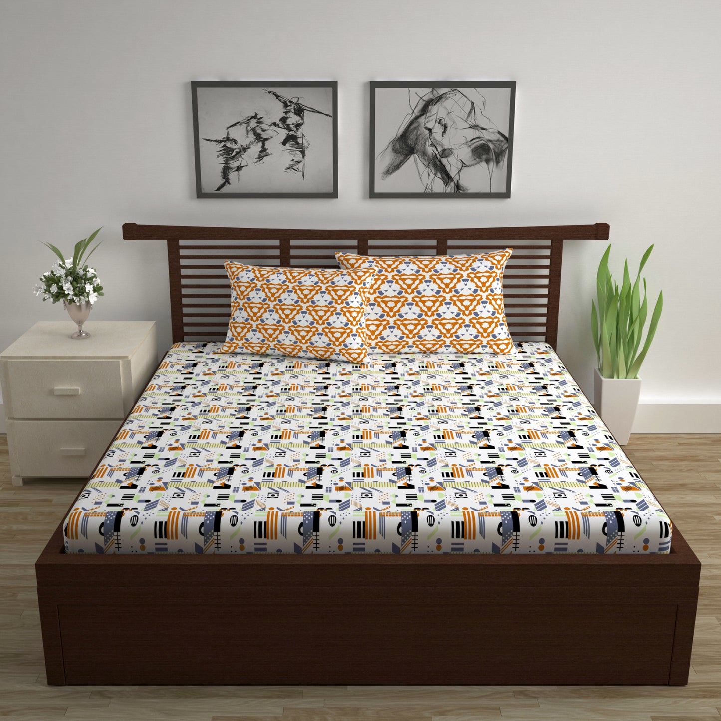 Yellow & White Abstract 144 TC Polycotton Double Bedsheet With 2 Pillowcovers