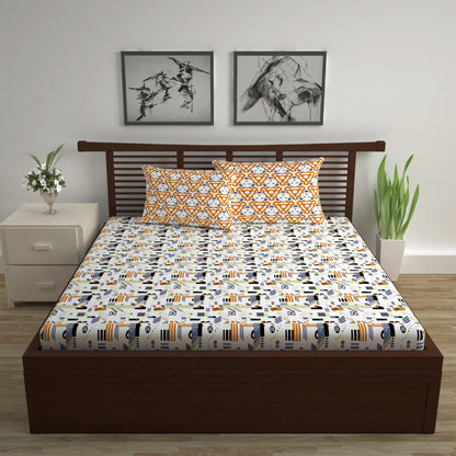 Yellow & White Abstract 144 TC Polycotton Double Bedsheet With 2 Pillowcovers