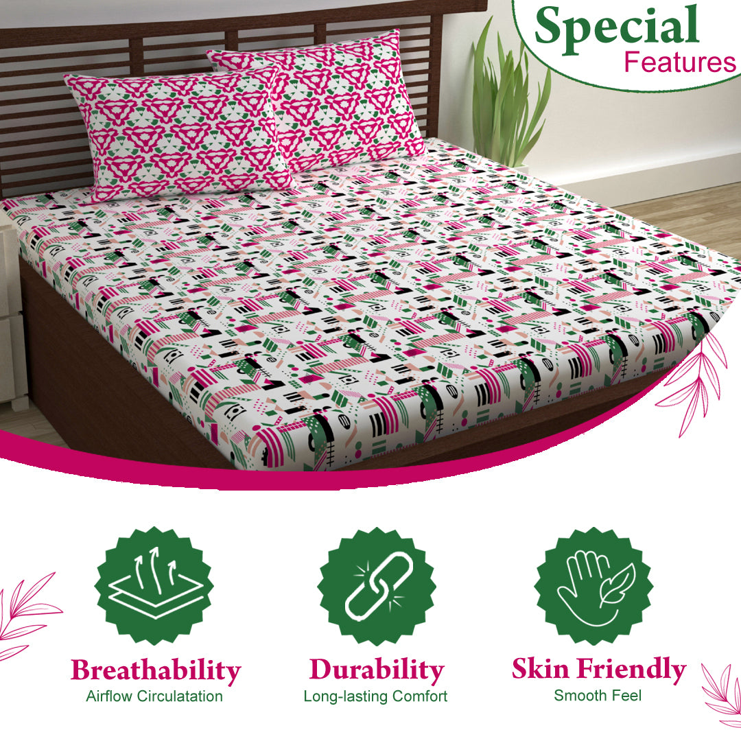 Pink & White Abstract 144 TC Polycotton Double Bedsheet With 2 Pillowcovers