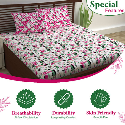Pink & White Abstract 144 TC Cotton Single Bedsheet With 1 Pillowcover