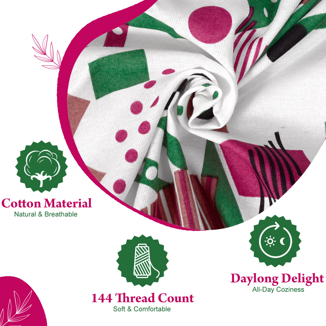 Pink & White Abstract 144 TC Cotton Single Bedsheet With 1 Pillowcover