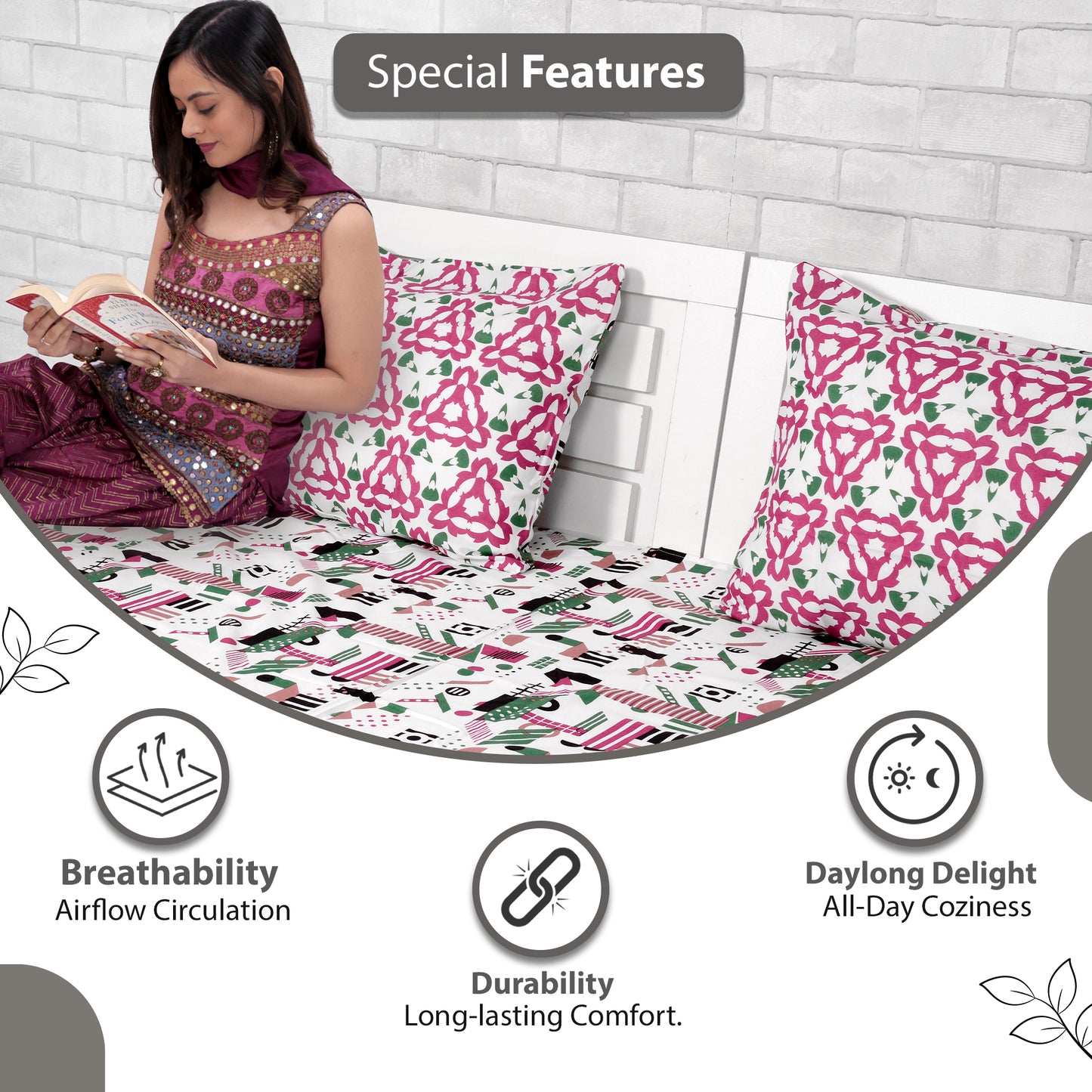 Pink & White Abstract 144 TC Cotton Single Bedsheet With 1 Pillowcover