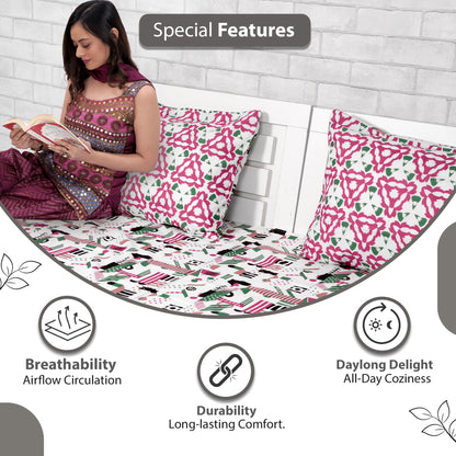 Pink & White Abstract 144 TC Cotton Single Bedsheet With 1 Pillowcover