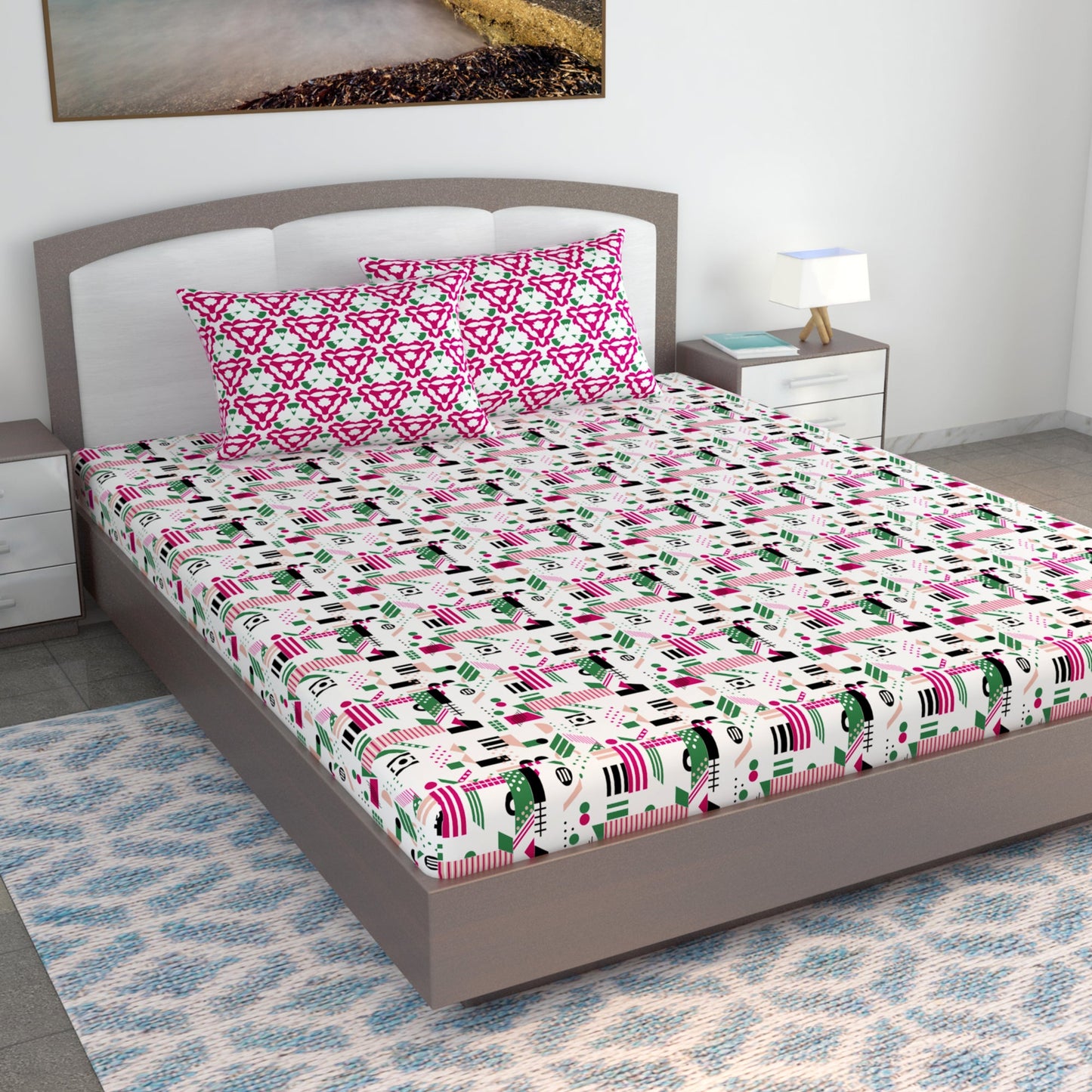 Pink & White Abstract 144 TC Polycotton King Bedsheet With 2 Pillowcovers