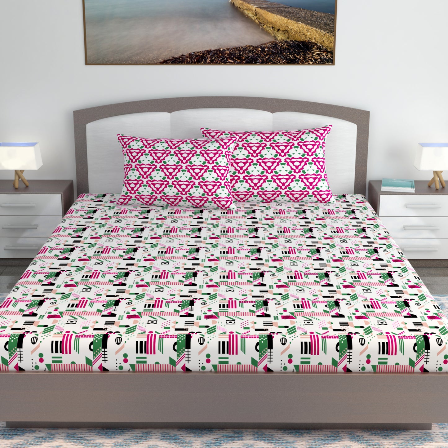 Pink & White Abstract 144 TC Polycotton King Bedsheet With 2 Pillowcovers