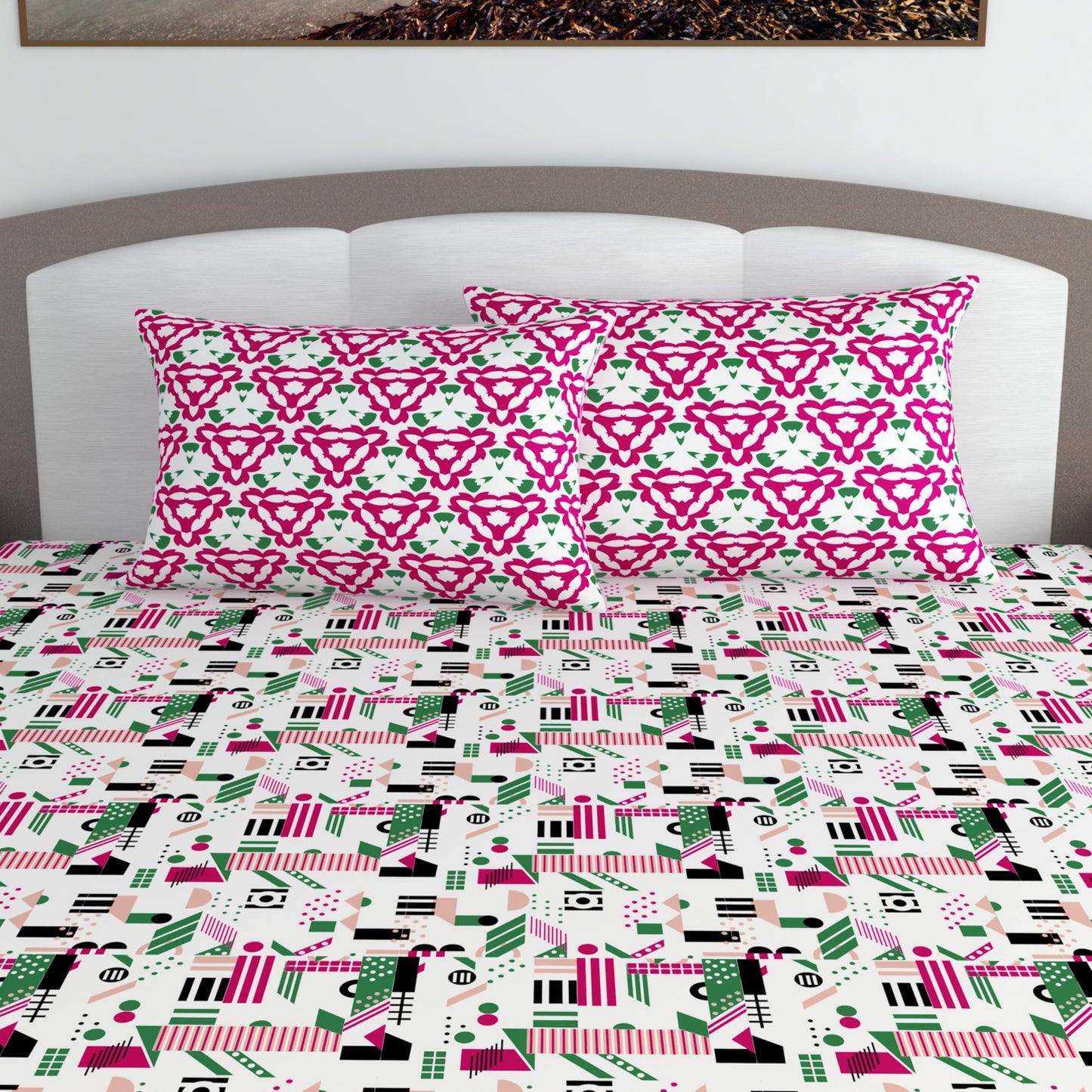 Pink & White Abstract 144 TC Polycotton King Bedsheet With 2 Pillowcovers
