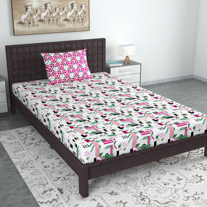 Pink & White Abstract 144 TC Cotton Single Bedsheet With 1 Pillowcover