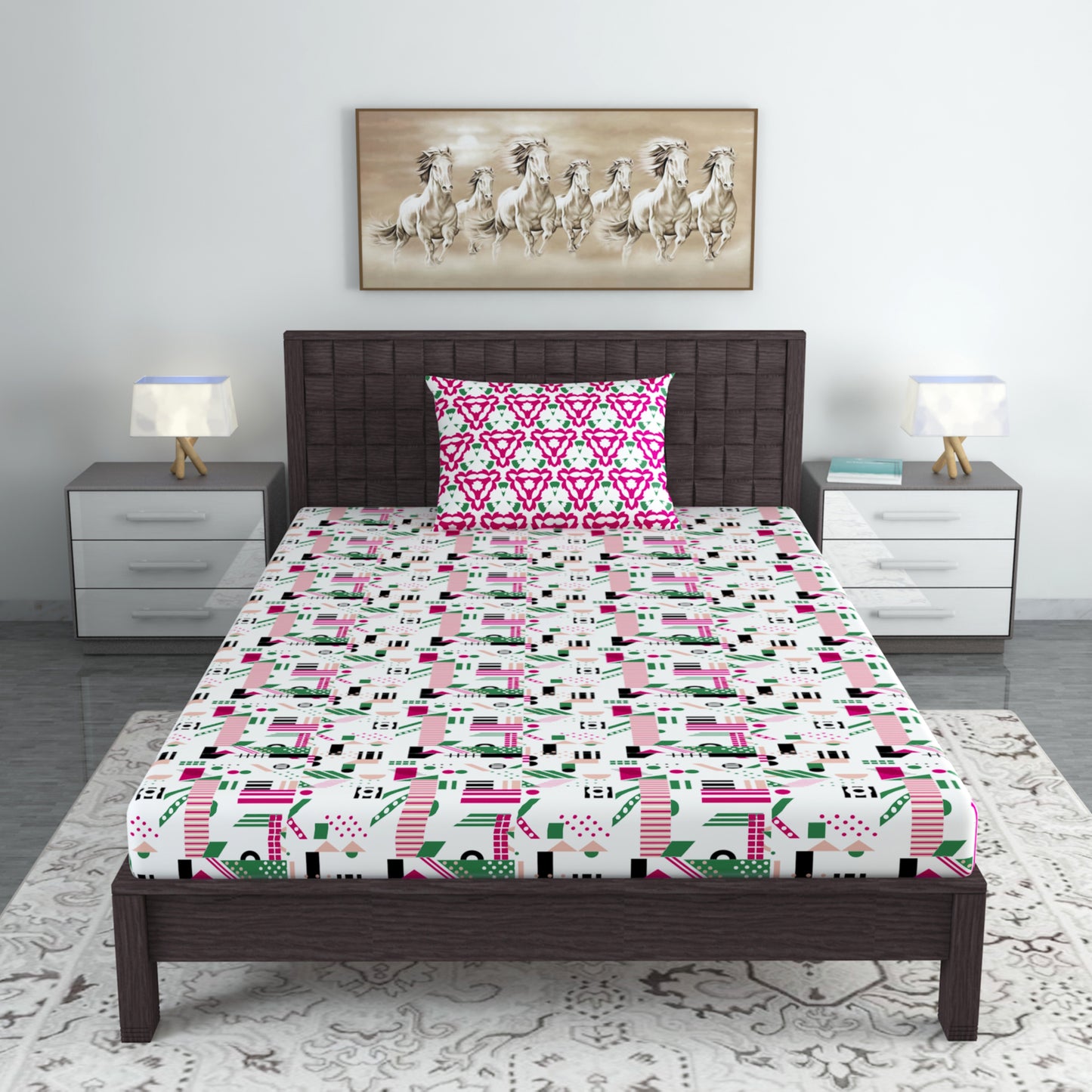 Pink & White Abstract 144 TC Cotton Single Bedsheet With 1 Pillowcover