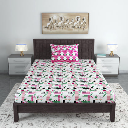 Pink & White Abstract 144 TC Cotton Single Bedsheet With 1 Pillowcover