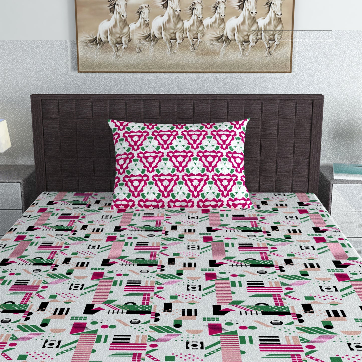 Pink & White Abstract 144 TC Cotton Single Bedsheet With 1 Pillowcover