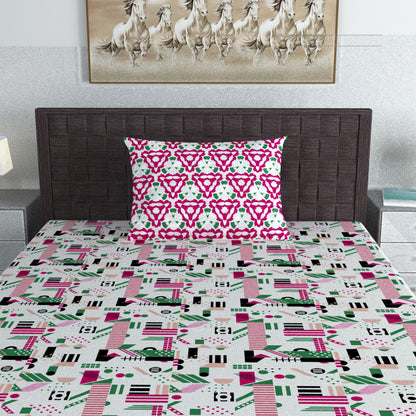 Pink & White Abstract 144 TC Cotton Single Bedsheet With 1 Pillowcover