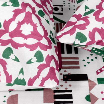 Pink & White Abstract 144 TC Polycotton King Bedsheet With 2 Pillowcovers