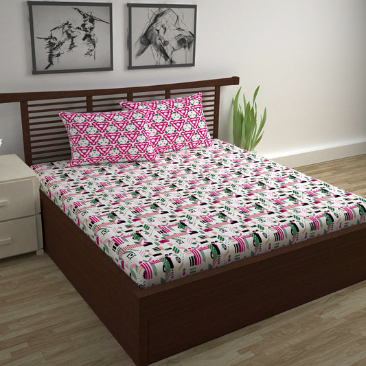 Pink & White Abstract 144 TC Polycotton Double Bedsheet With 2 Pillowcovers