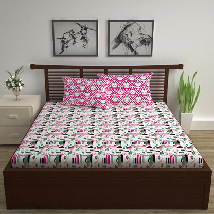 Pink & White Abstract 144 TC Polycotton Double Bedsheet With 2 Pillowcovers