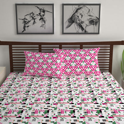 Pink & White Abstract 144 TC Polycotton Double Bedsheet With 2 Pillowcovers