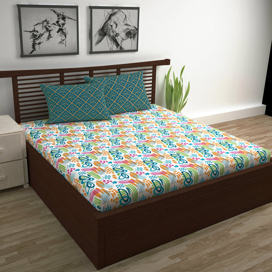 Teal & Mustard Abstract 144 TC Polycotton Double Bedsheet With 2 Pillowcovers