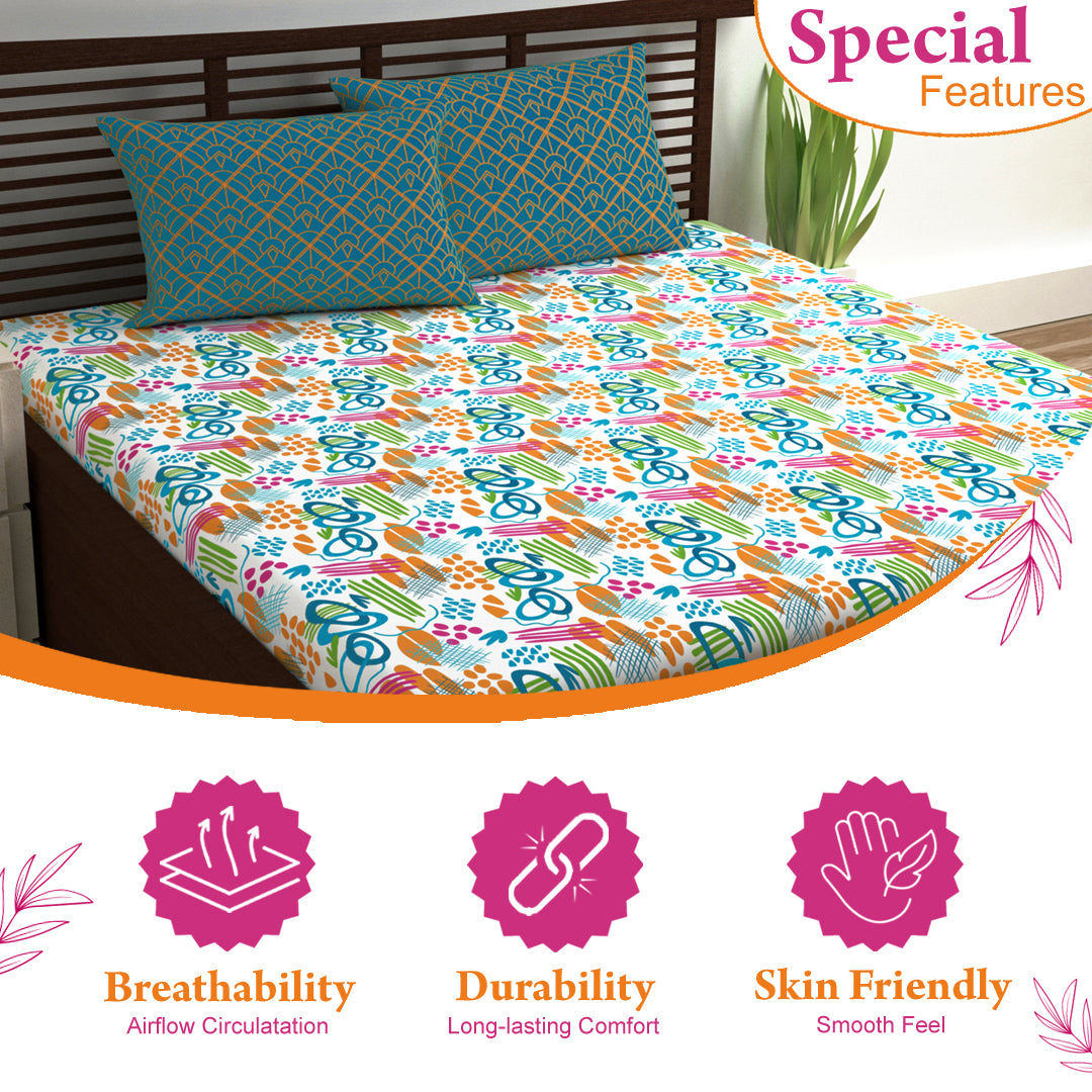 Teal & Mustard Abstract 144 TC Polycotton King Bedsheet With 2 Pillowcovers