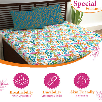 Teal & Mustard Abstract 144 TC Polycotton King Bedsheet With 2 Pillowcovers