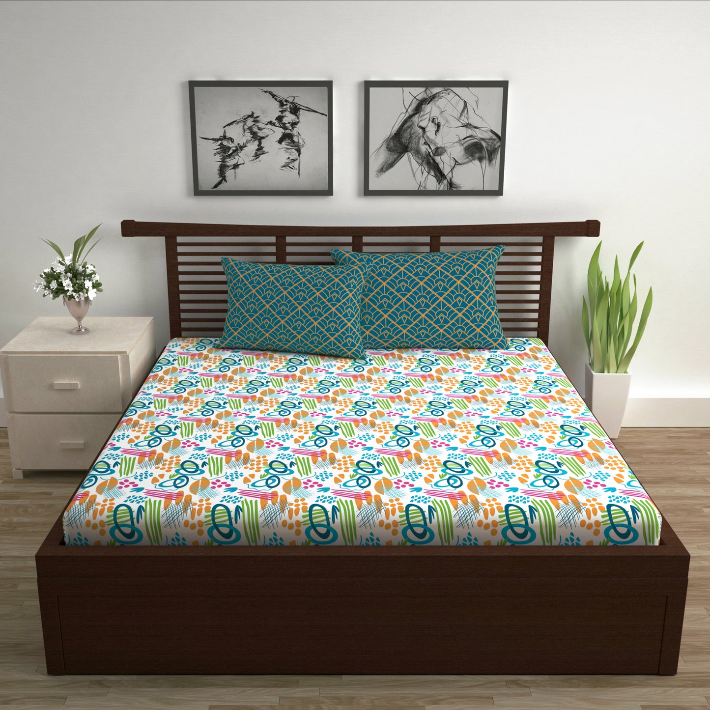 Teal & Mustard Abstract 144 TC Polycotton Double Bedsheet With 2 Pillowcovers