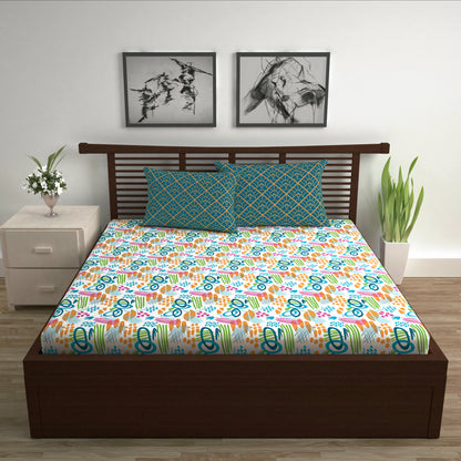 Teal & Mustard Abstract 144 TC Polycotton Double Bedsheet With 2 Pillowcovers
