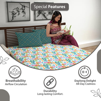 Teal & Mustard Abstract 144 TC Polycotton King Bedsheet With 2 Pillowcovers