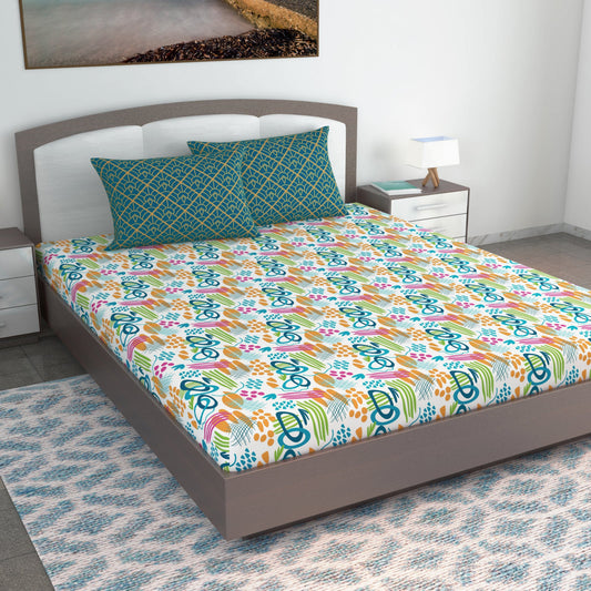 Teal & Mustard Abstract 144 TC Polycotton King Bedsheet With 2 Pillowcovers