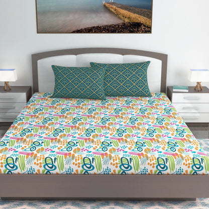 Teal & Mustard Abstract 144 TC Polycotton King Bedsheet With 2 Pillowcovers