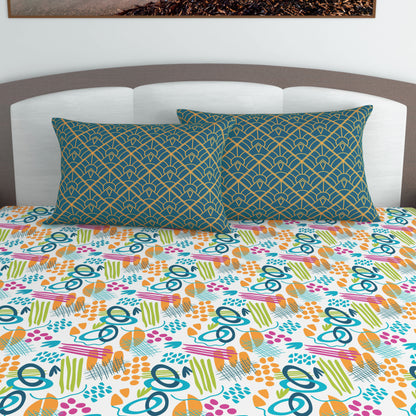 Teal & Mustard Abstract 144 TC Polycotton King Bedsheet With 2 Pillowcovers
