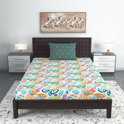 Teal & Mustard Abstract 144 TC Polycotton Single Bedsheet With 1 Pillowcover