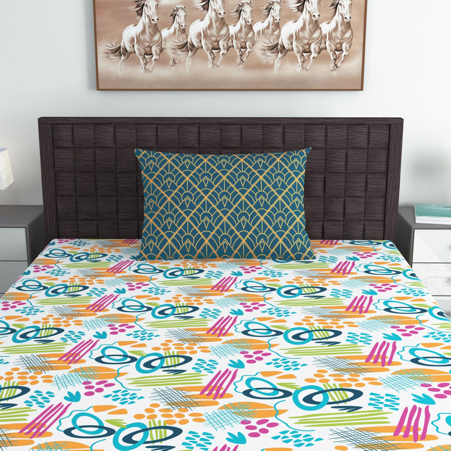 Teal & Mustard Abstract 144 TC Polycotton Single Bedsheet With 1 Pillowcover
