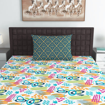 Teal & Mustard Abstract 144 TC Polycotton Single Bedsheet With 1 Pillowcover