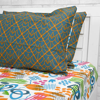 Teal & Mustard Abstract 144 TC Polycotton King Bedsheet With 2 Pillowcovers