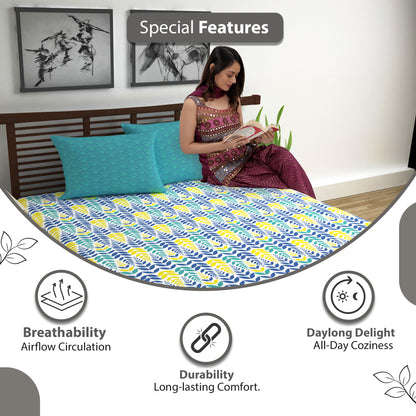 Blue & Yellow Floral 144 TC Polycotton King Bedsheet With 2 Pillowcovers