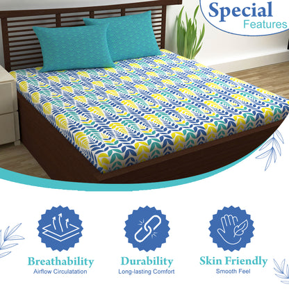 Blue & Yellow Floral 144 TC Polycotton King Bedsheet With 2 Pillowcovers