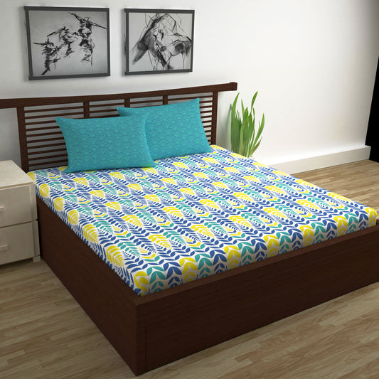 Blue & Yellow Floral Cotton Bedsheet for Double Bed (254 X 222 CM)