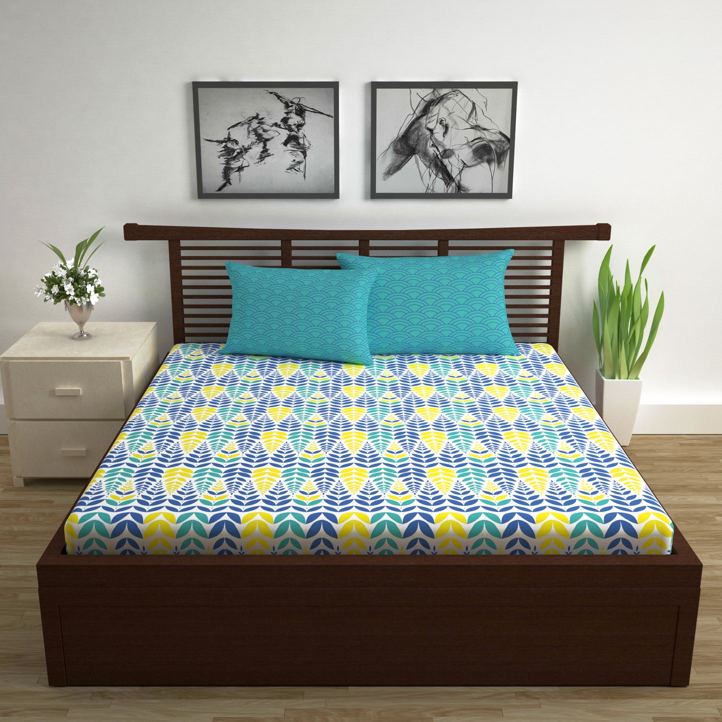 Blue & Yellow Floral 144 TC Polycotton Double Bedsheet With 2 Pillowcovers
