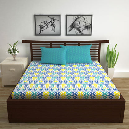 Blue & Yellow Floral 144 TC Polycotton Double Bedsheet With 2 Pillowcovers