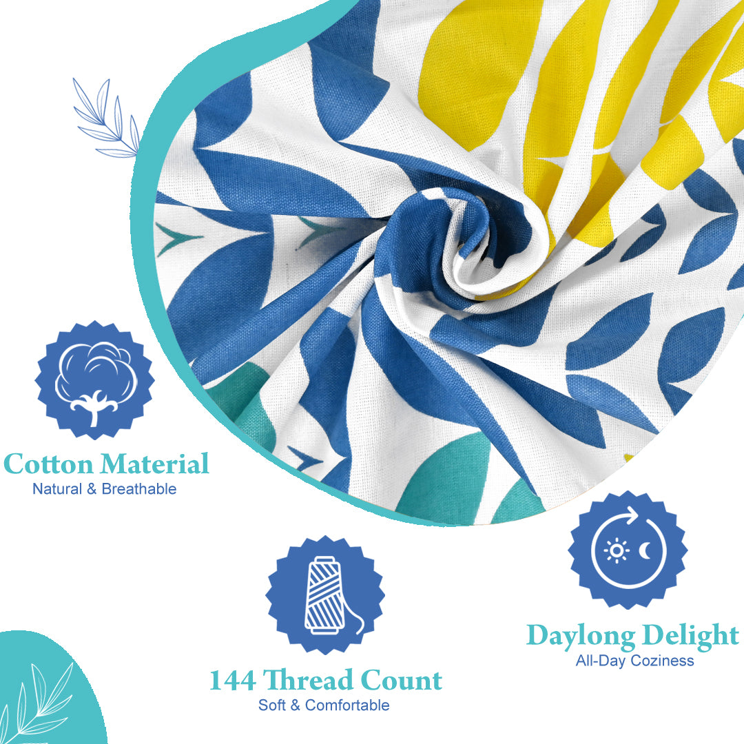 Blue & Yellow Floral 144 TC Polycotton Double Bedsheet With 2 Pillowcovers