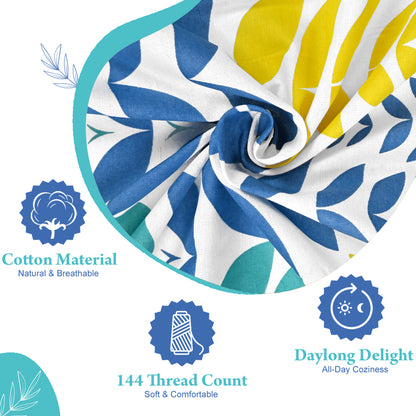 Blue & Yellow Floral 144 TC Polycotton Double Bedsheet With 2 Pillowcovers