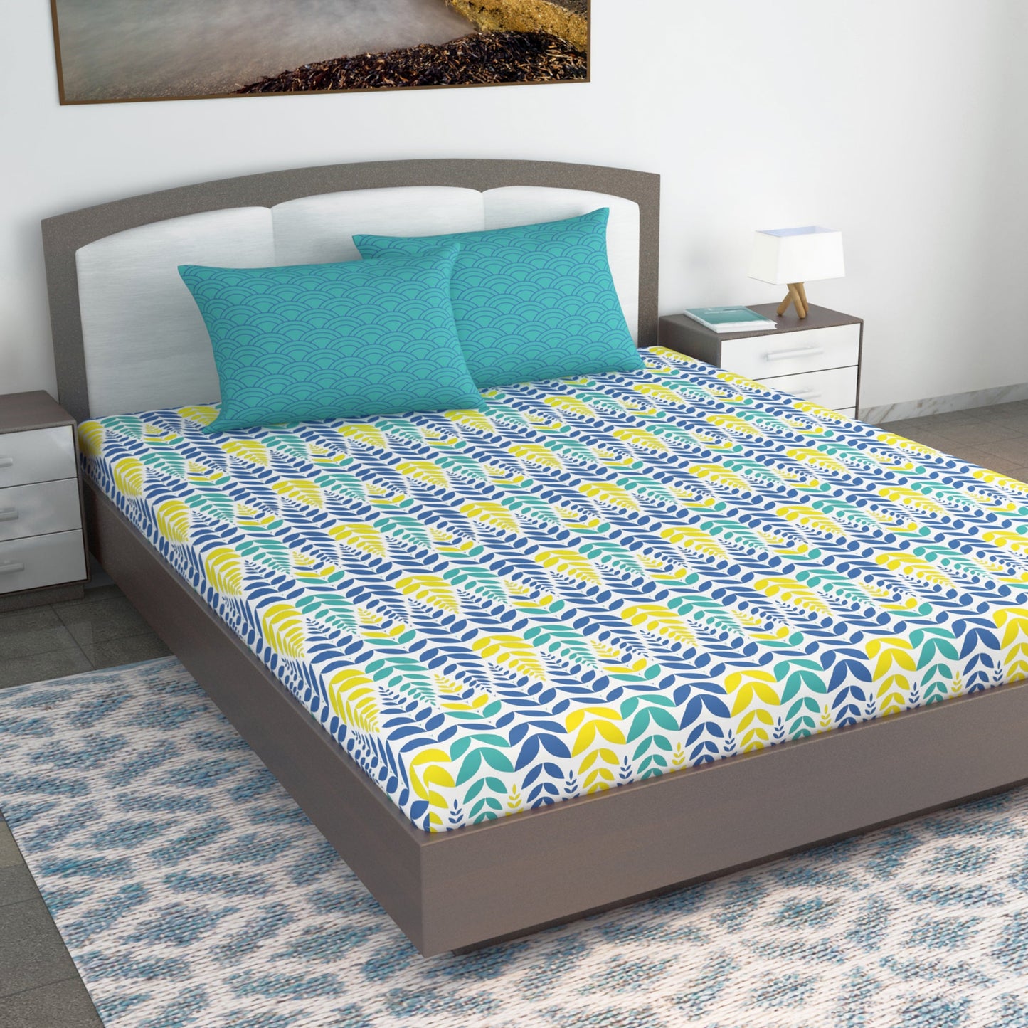 Blue & Yellow Floral 144 TC Polycotton King Bedsheet With 2 Pillowcovers