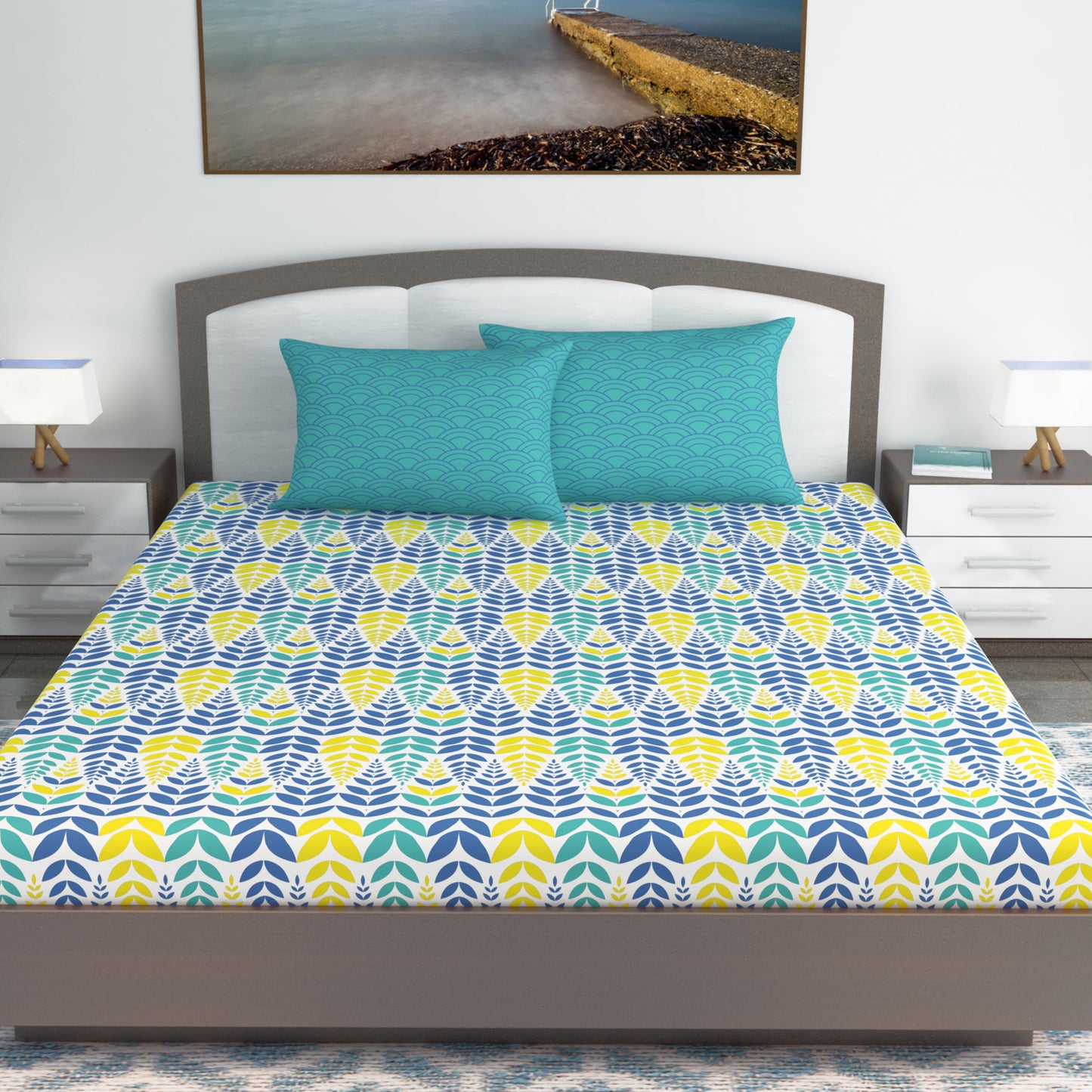 Blue & Yellow Floral 144 TC Polycotton King Bedsheet With 2 Pillowcovers